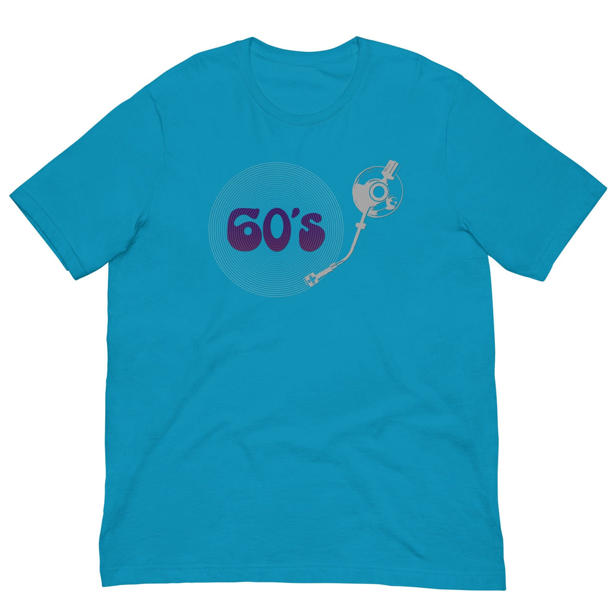 Aqua graphic T-shirt with 60's record player text and character art