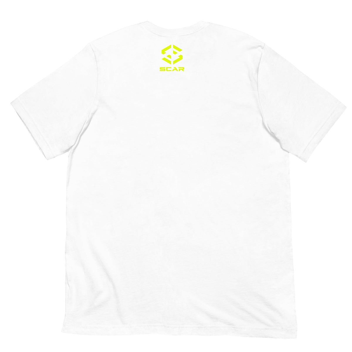 White crew-neck T-shirt with small SCAR logo on chest