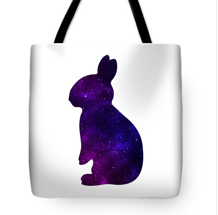 White tote bag front view, black handles, purple starry rabbit silhouette