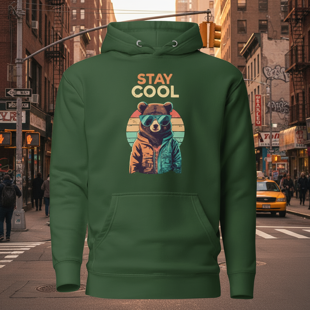 Forest green teddy bear graphic hoodie, back view with drawstring hood