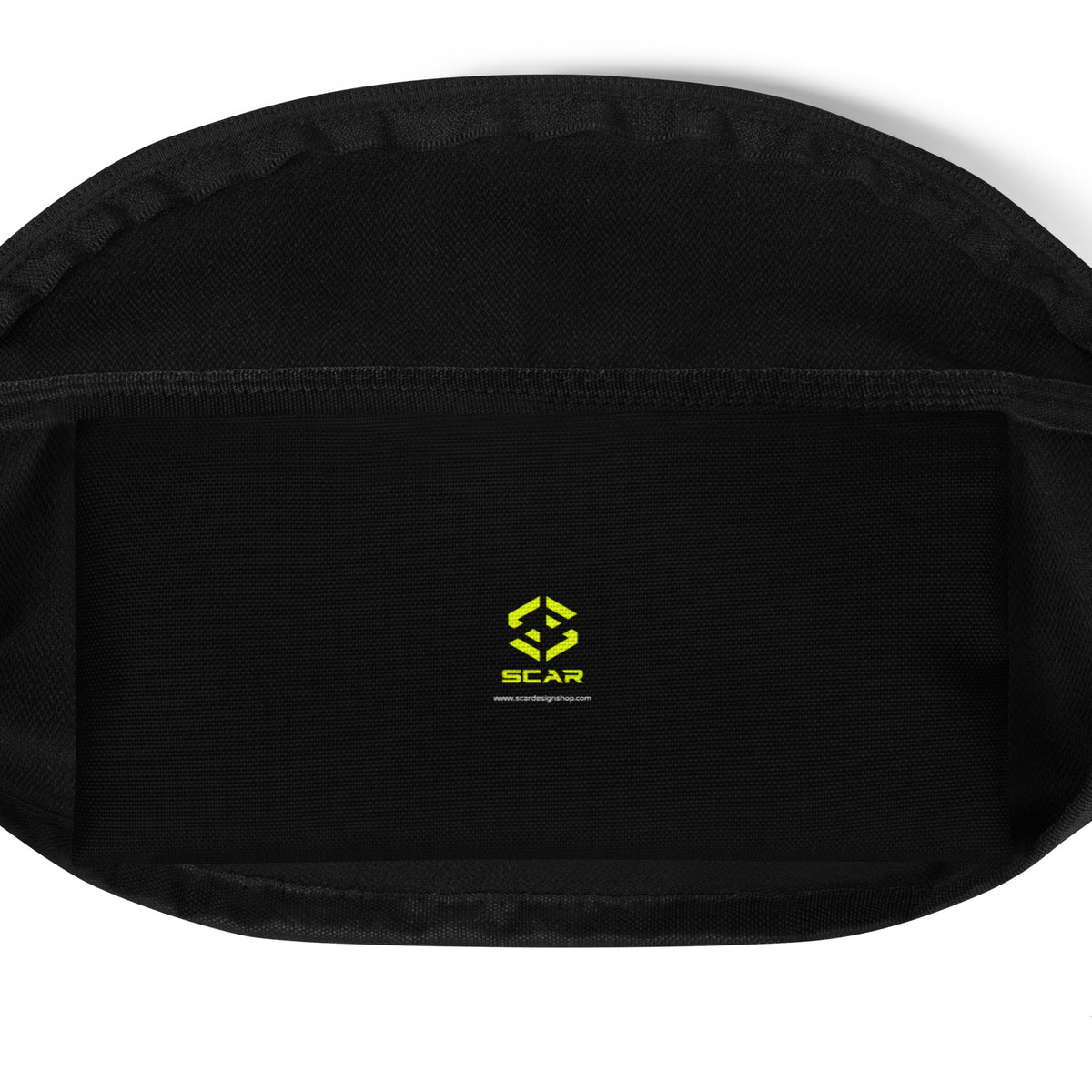 Black fanny pack front zip pocket with small green and yellow SCAR logo