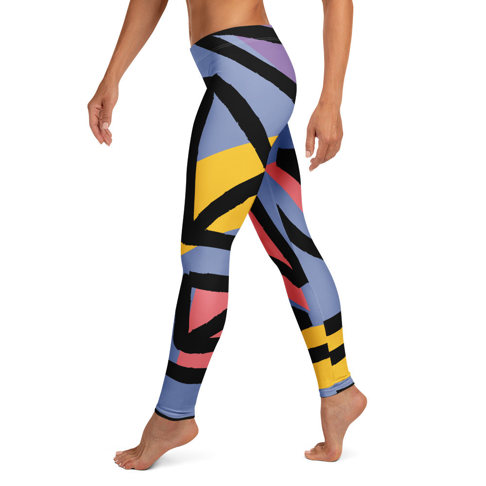 Full-length geometric leggings in blue with black, yellow, and pink angular stripes