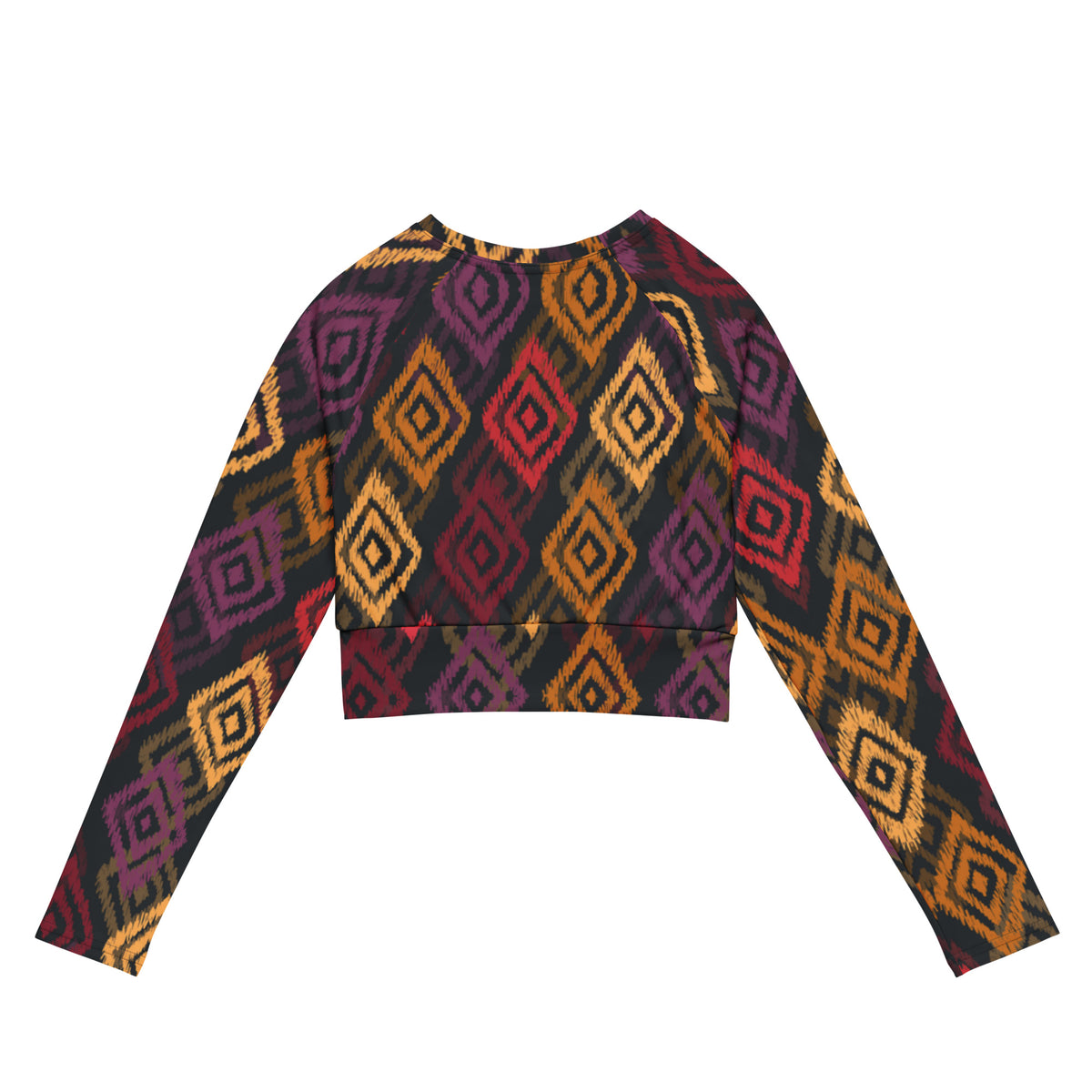 Long-sleeve crop top with multicolor geometric diamond pattern and cropped hem
