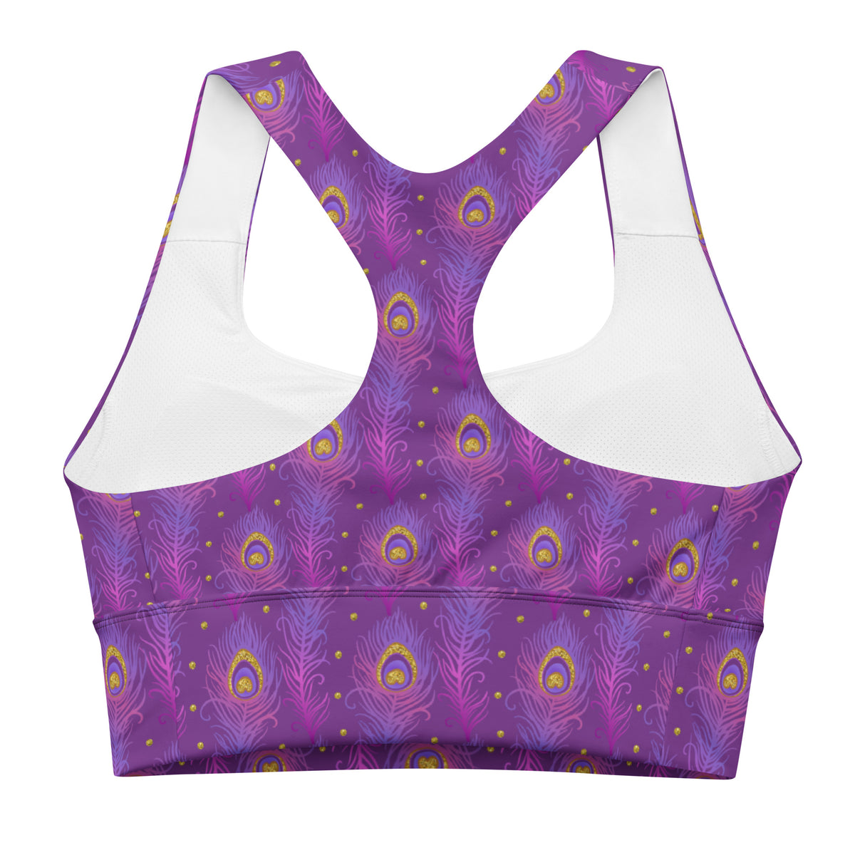 Longline sports bra front in purple peacock-feather print, racerback and wide band