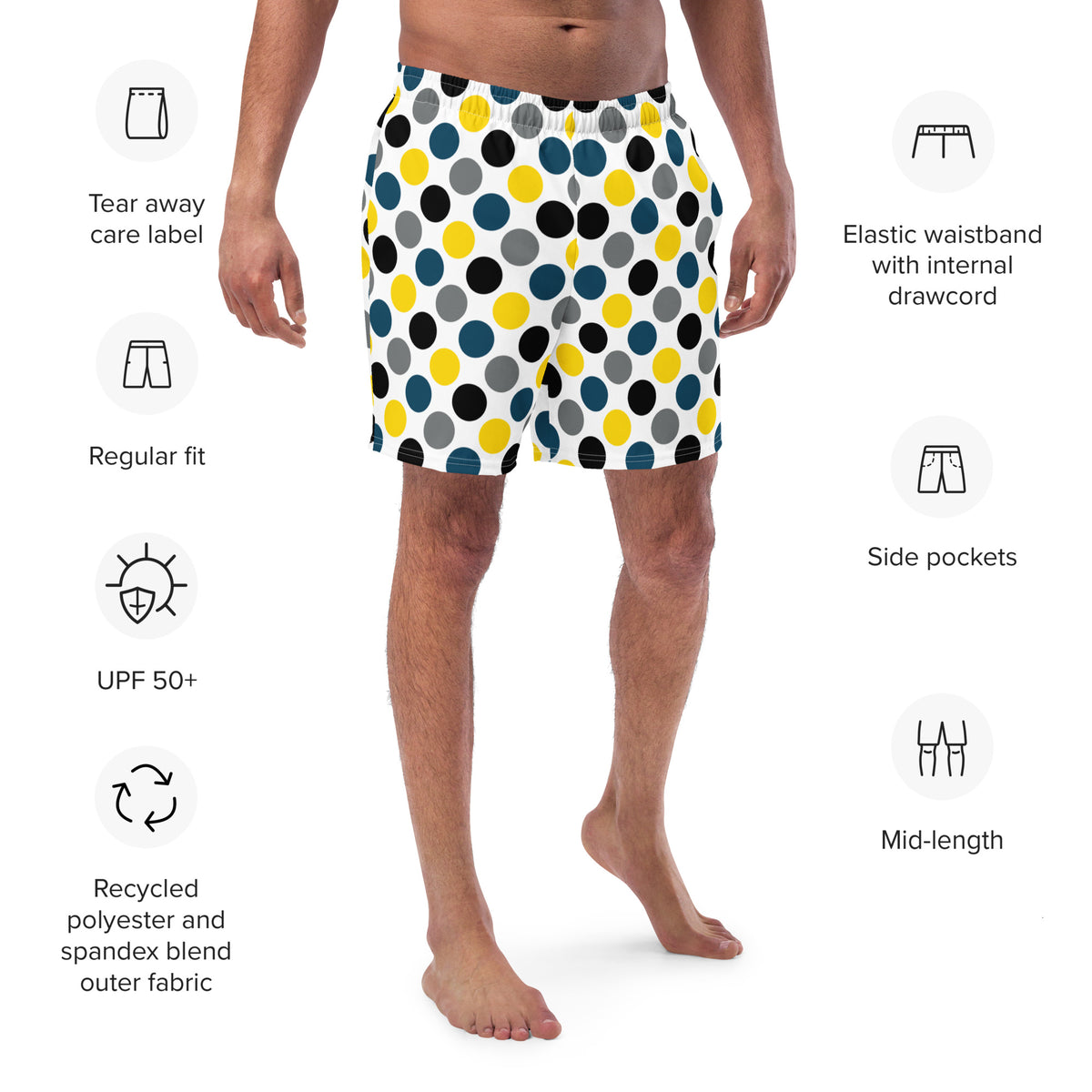Swim trunks with internal drawcord waistband, side pockets, UPF 50+, recycled