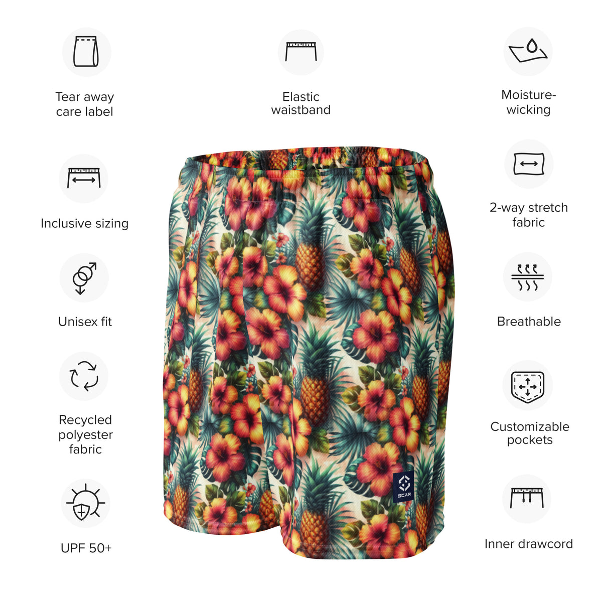 Unisex mesh shorts with tropical print, inner drawcord and 2-way stretch fabric