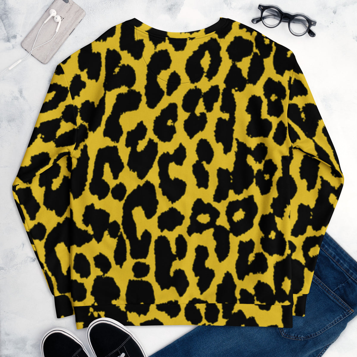 Leopard print unisex sweatshirt close-up, yellow and black crew neck, long sleeves