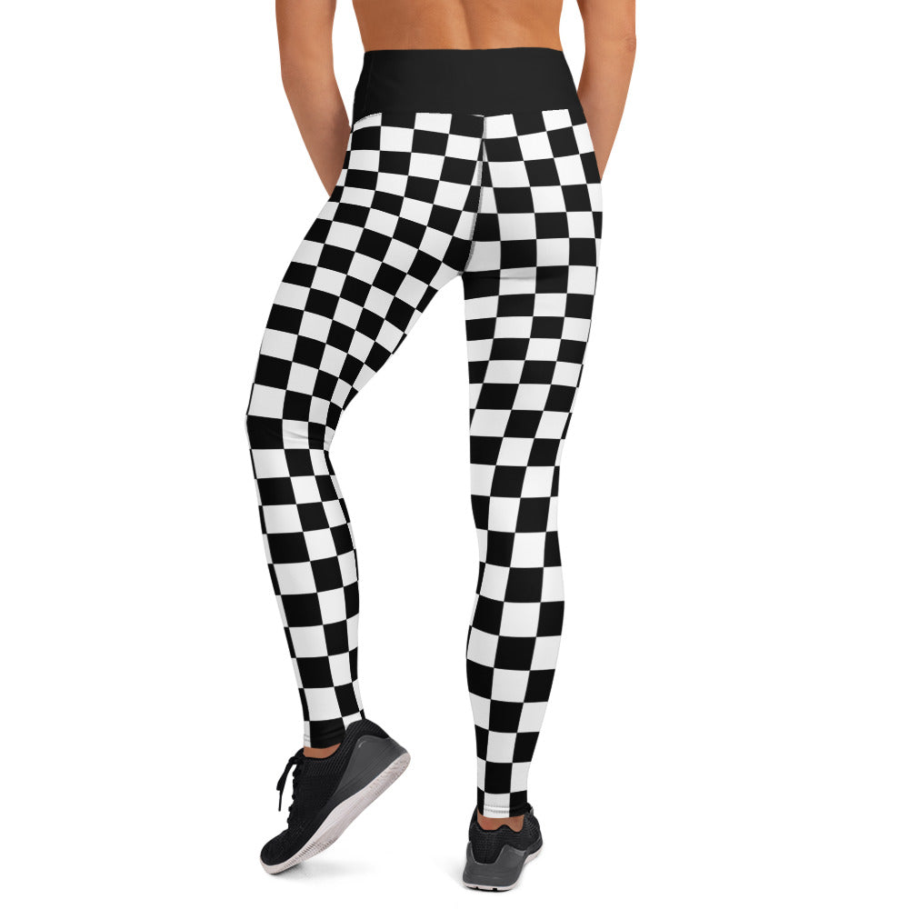 Black-and-white checkered yoga leggings, full-length slim fit, front view
