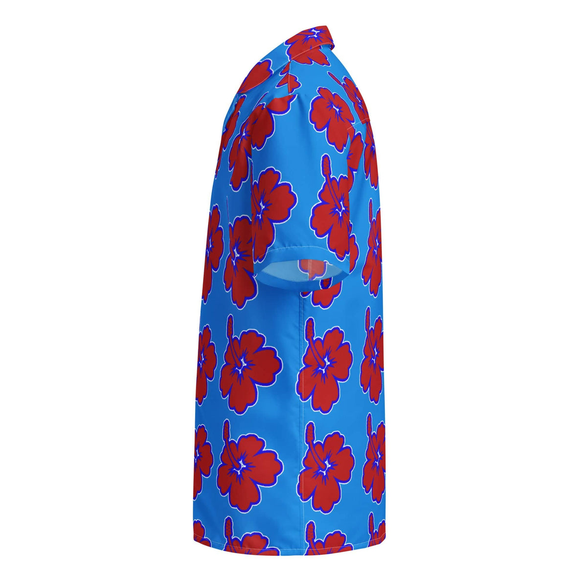Blue Hawaiian floral shirt side profile, short sleeves, camp collar, red flower pattern
