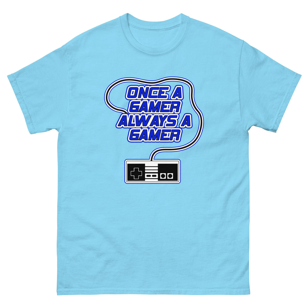 Light blue t-shirt with “Once a gamer always a gamer” gaming logo and controller graphic