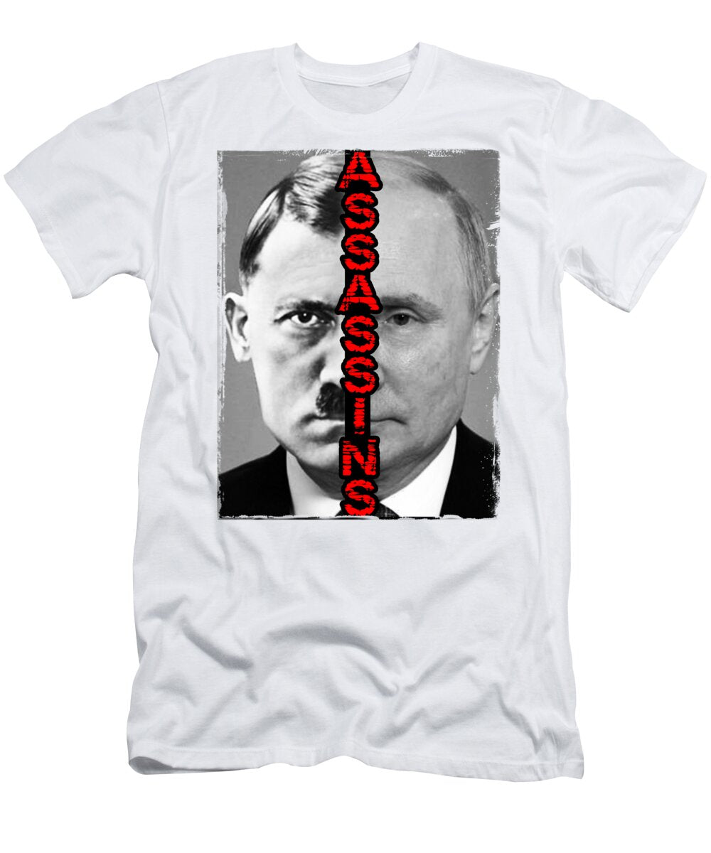 White T-shirt with front portrait and vertical red-and-black text graphic