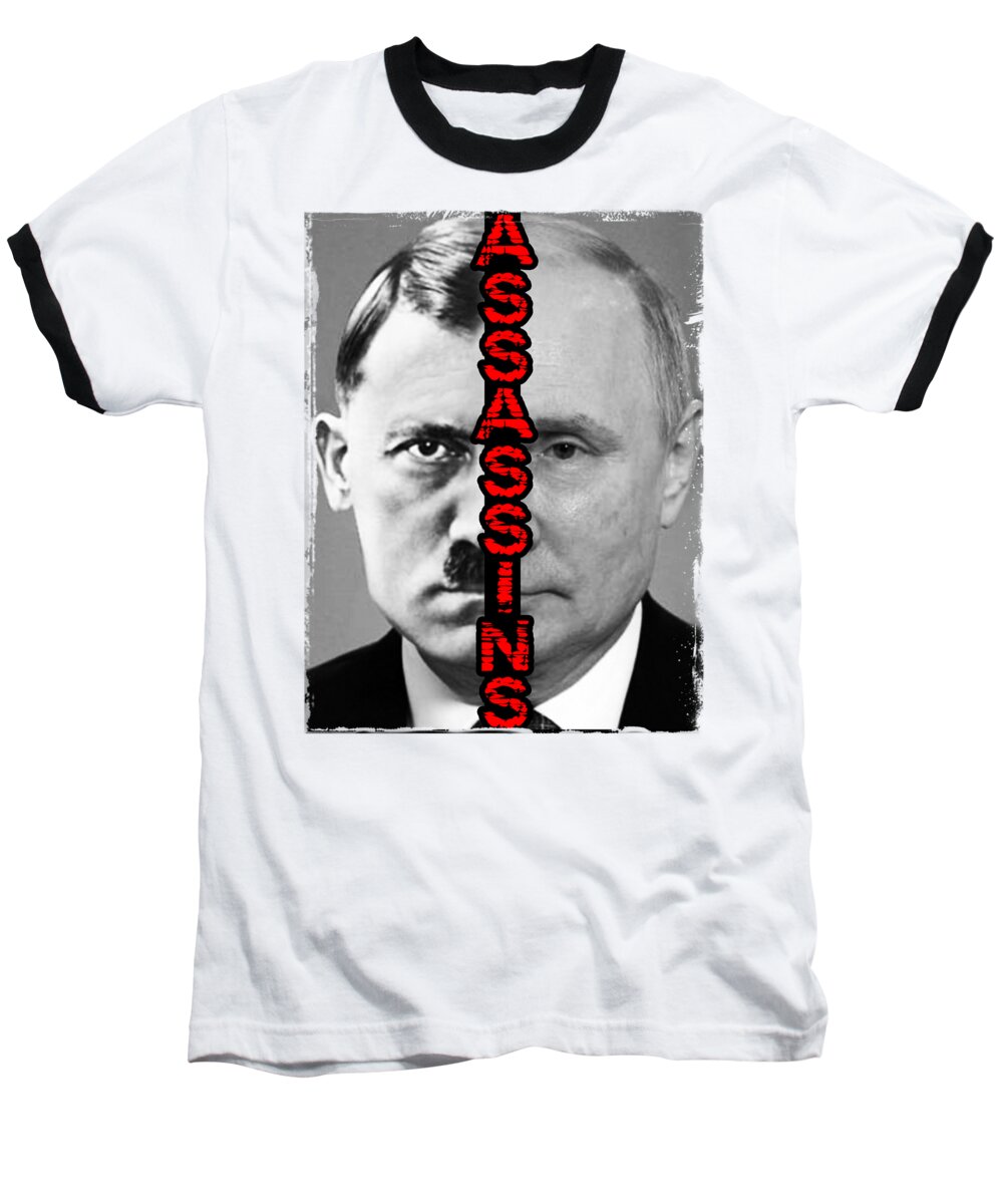 White baseball T-shirt with black raglan sleeves and front face graphic