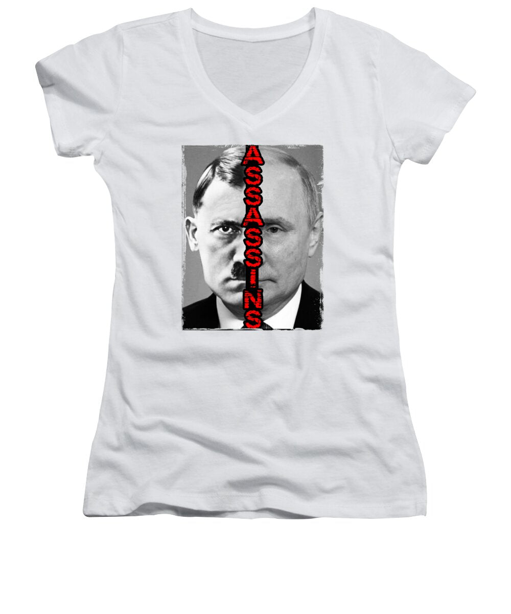 White women's V-neck T-shirt with square portrait graphic and vertical red Assassin text