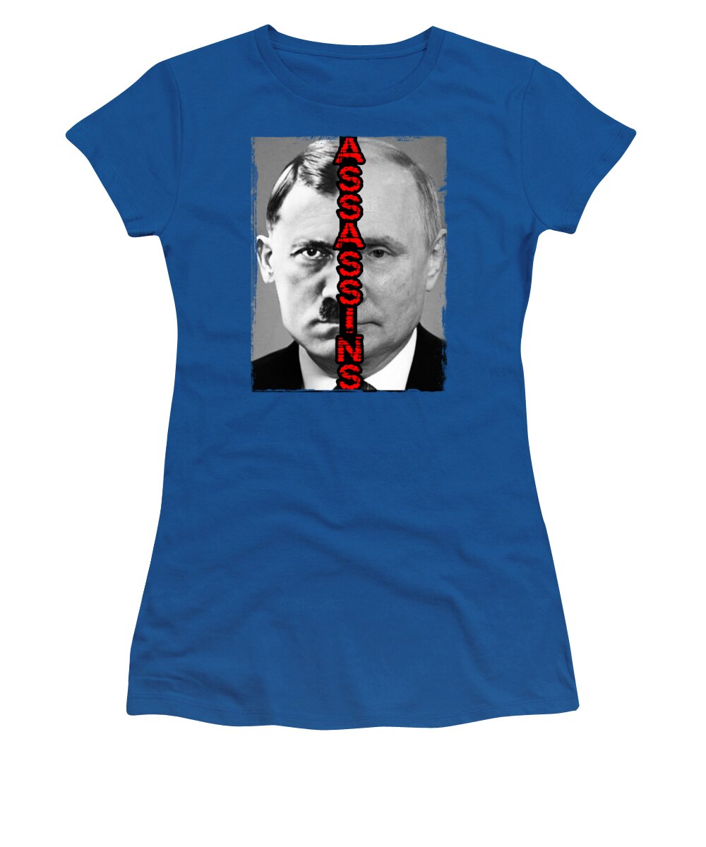 Women's royal blue crewneck T-shirt with red/black portrait graphic print