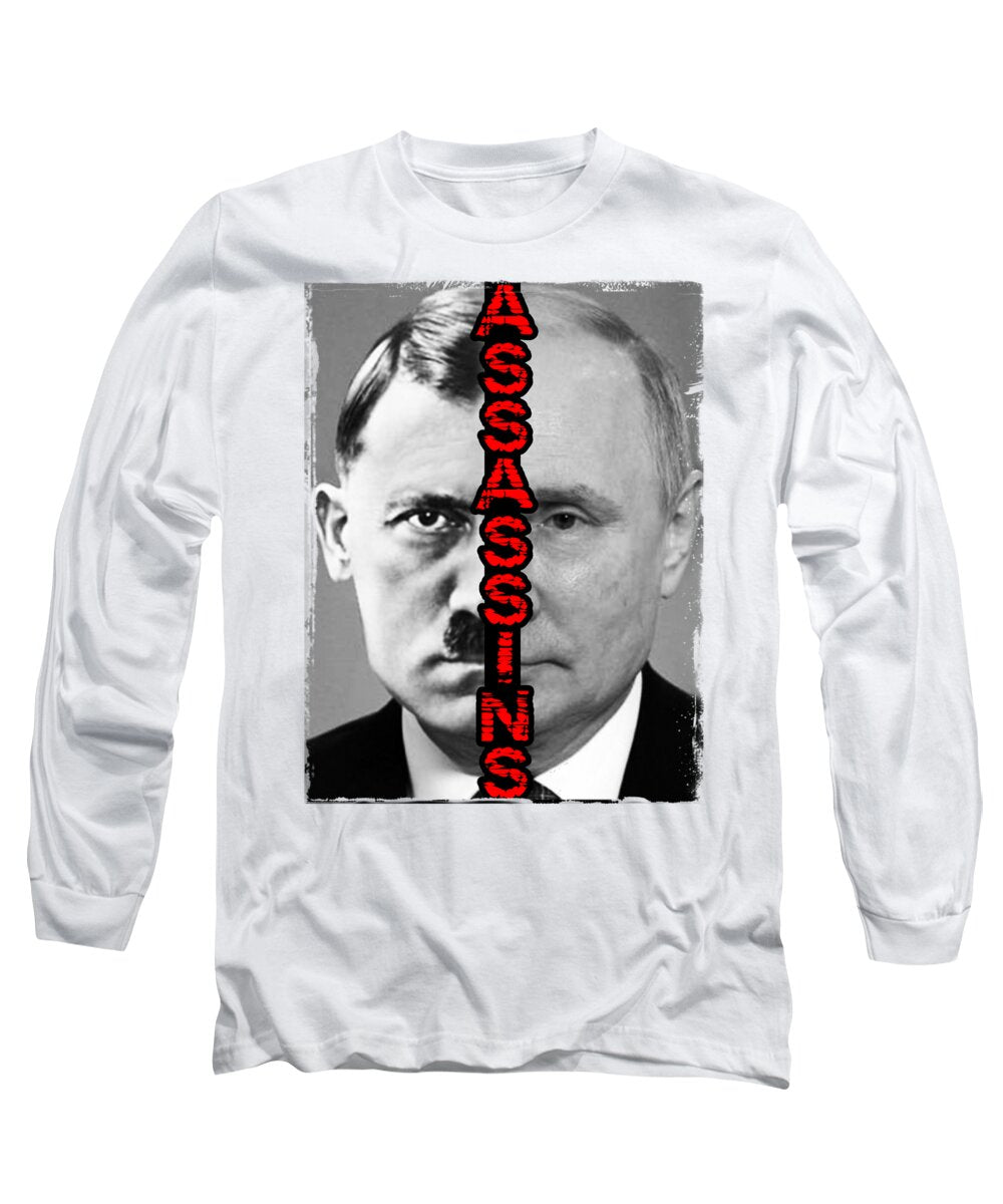 White long-sleeve T-shirt with large square portrait graphic and red vertical text.