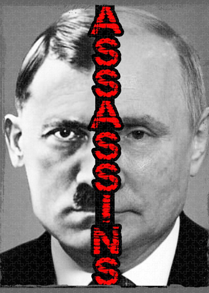 Jigsaw puzzle featuring a monochrome head portrait with red vertical lettering