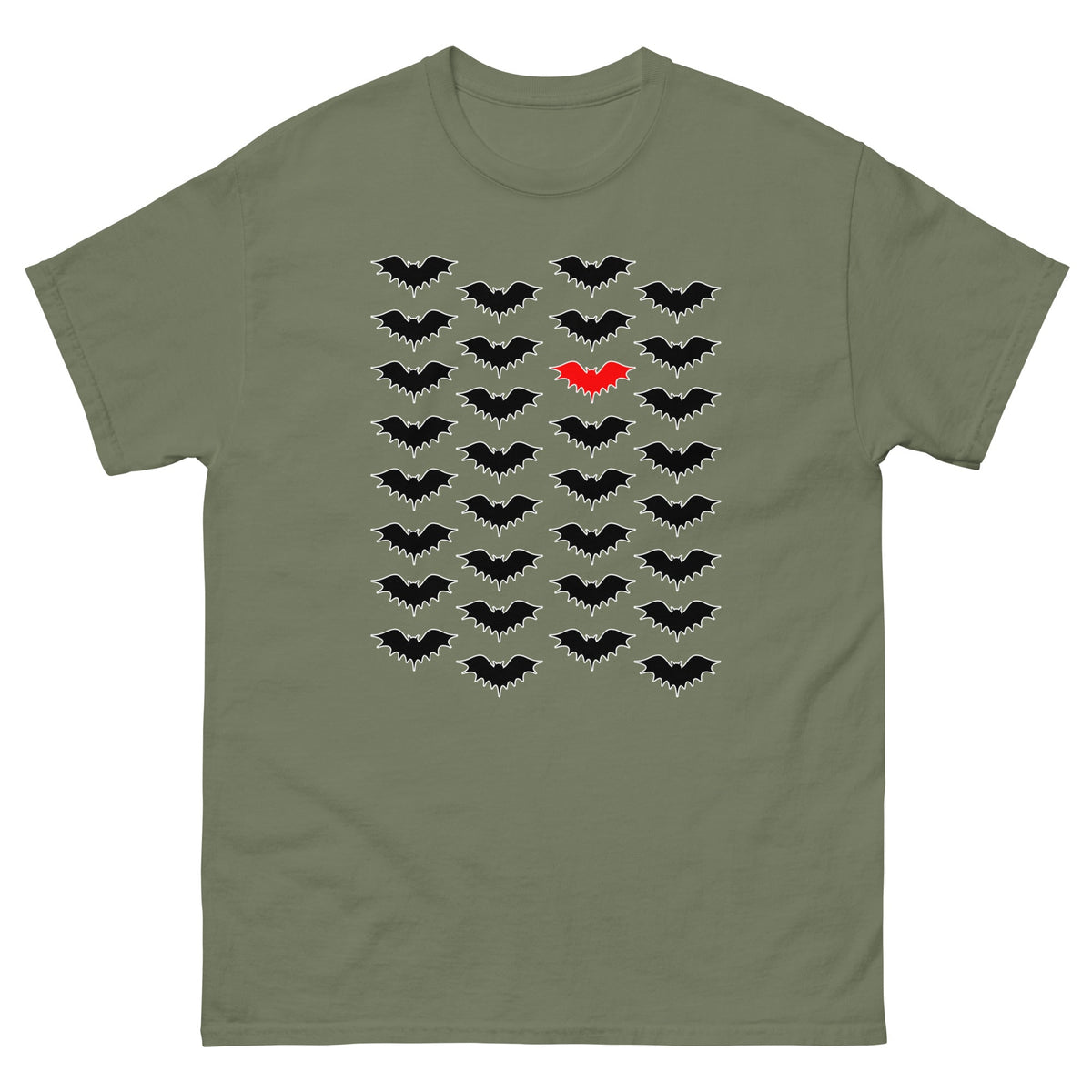Military green T-shirt with black bat silhouette cluster and red center bat