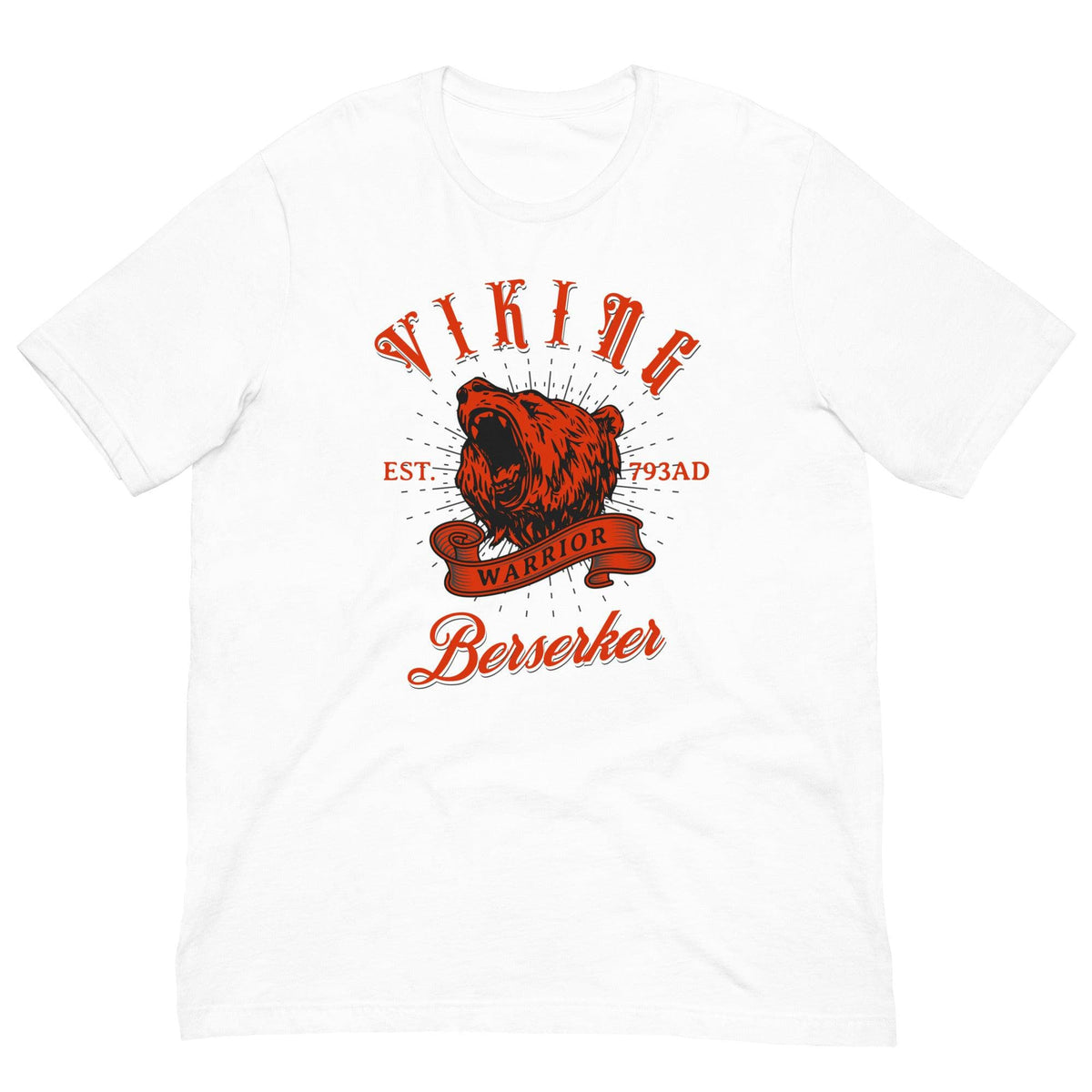 White warrior T-shirt with red bear head graphic and 'Berserker' text, crew neck