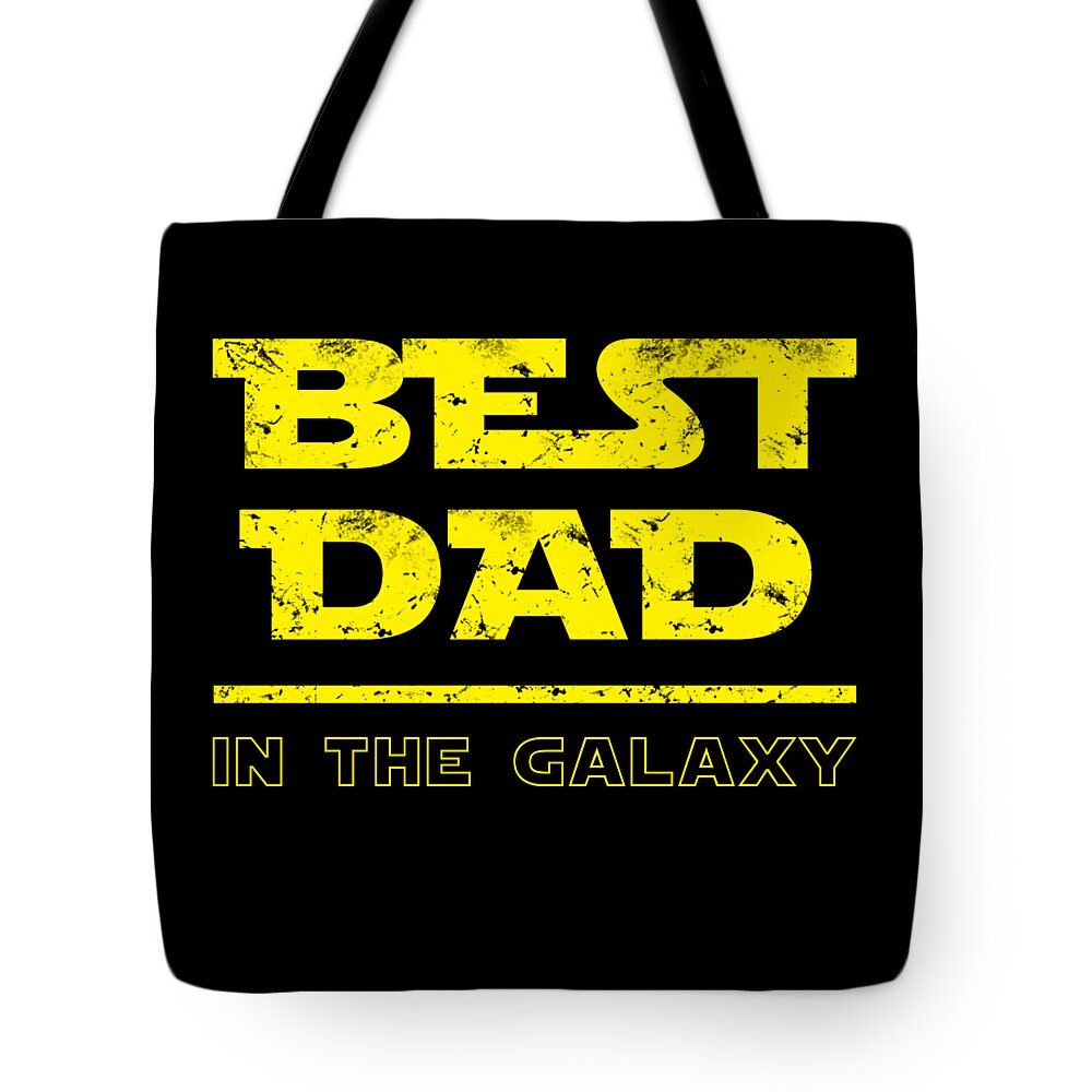 Black tote bag with centered yellow BEST DAD IN THE GALAXY lettering