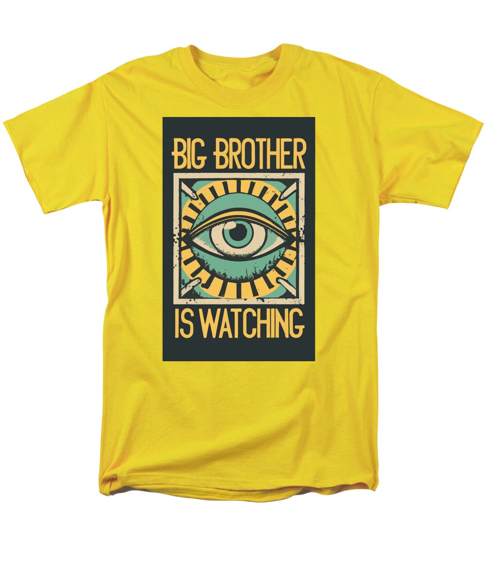 Yellow men’s t-shirt with “Big Brother is Watching” eye graphic on front