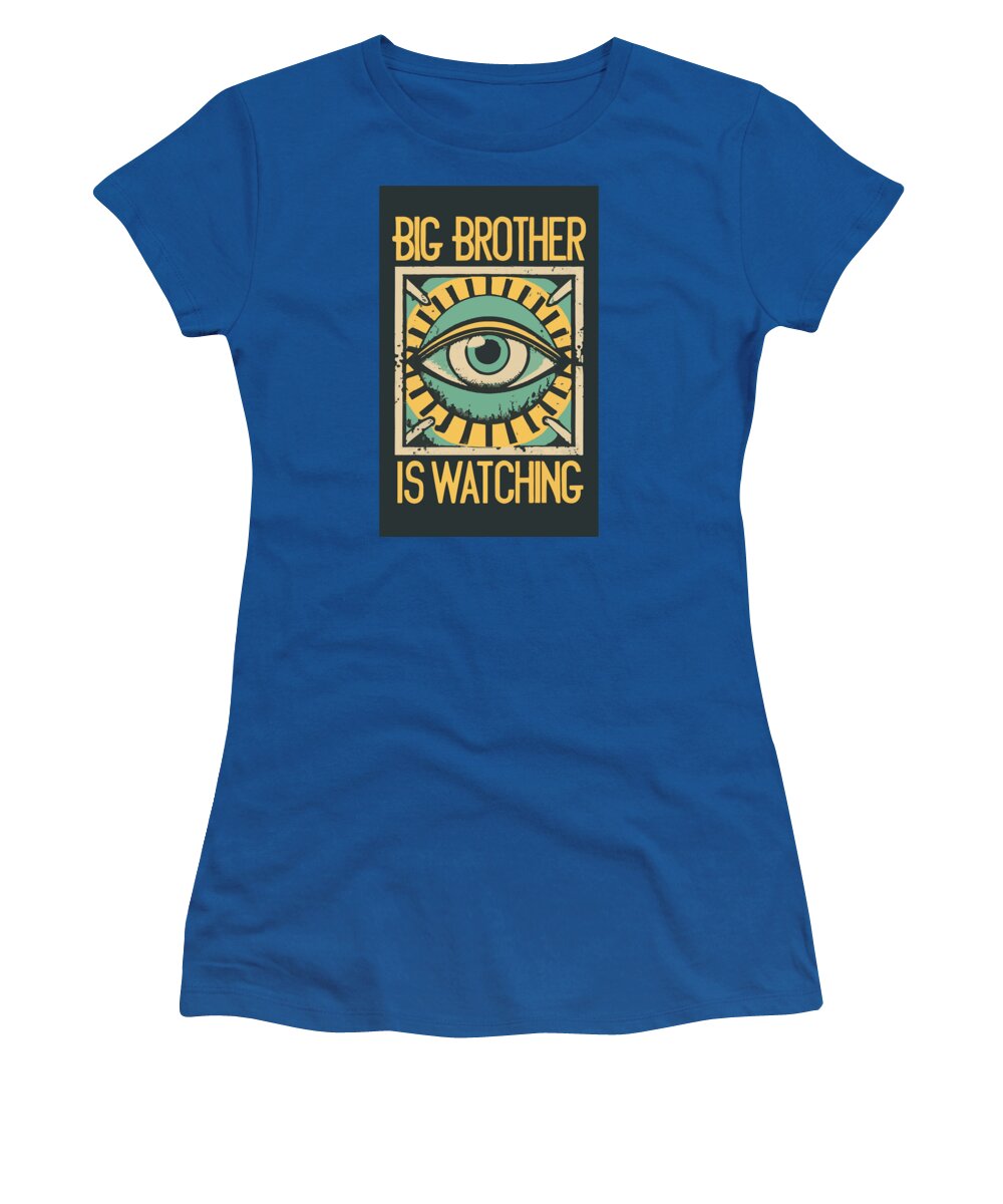 Royal blue women's graphic T-shirt with eye logo and “Big Brother is watching” print