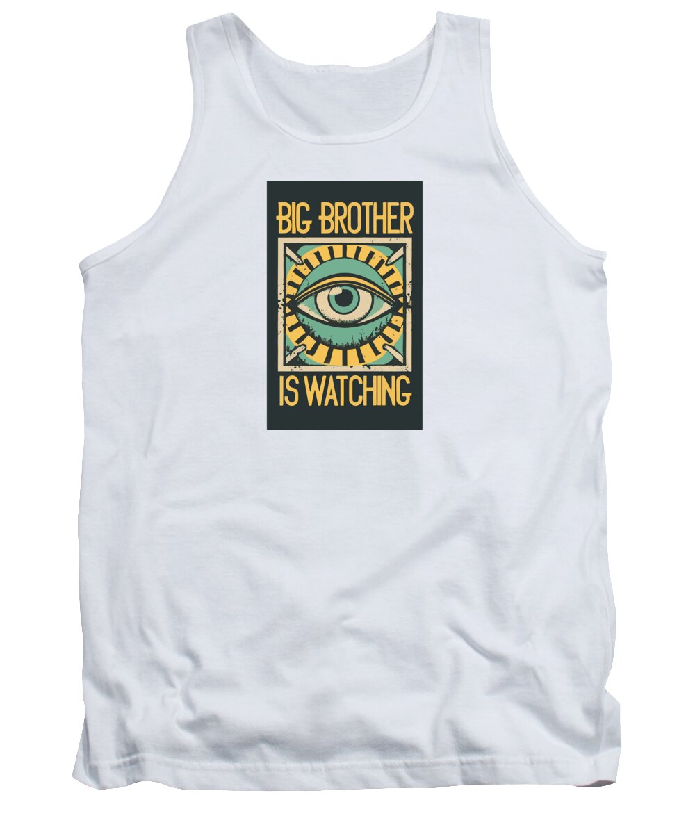 White tank top with crew neck and front eye graphic print in a dark square