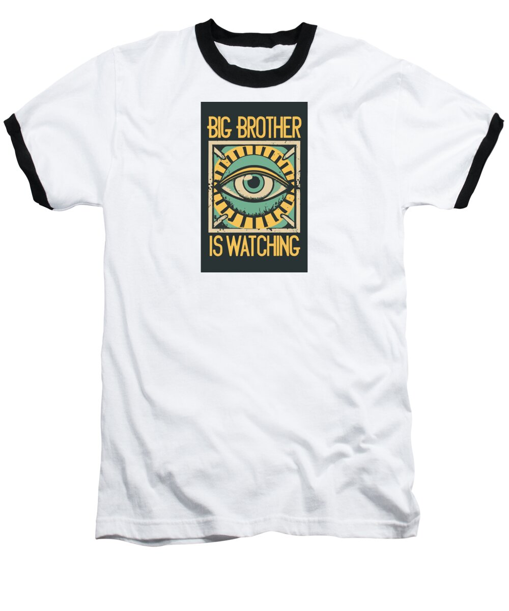 White baseball T-shirt with black collar, sleeves, and front eye graphic.