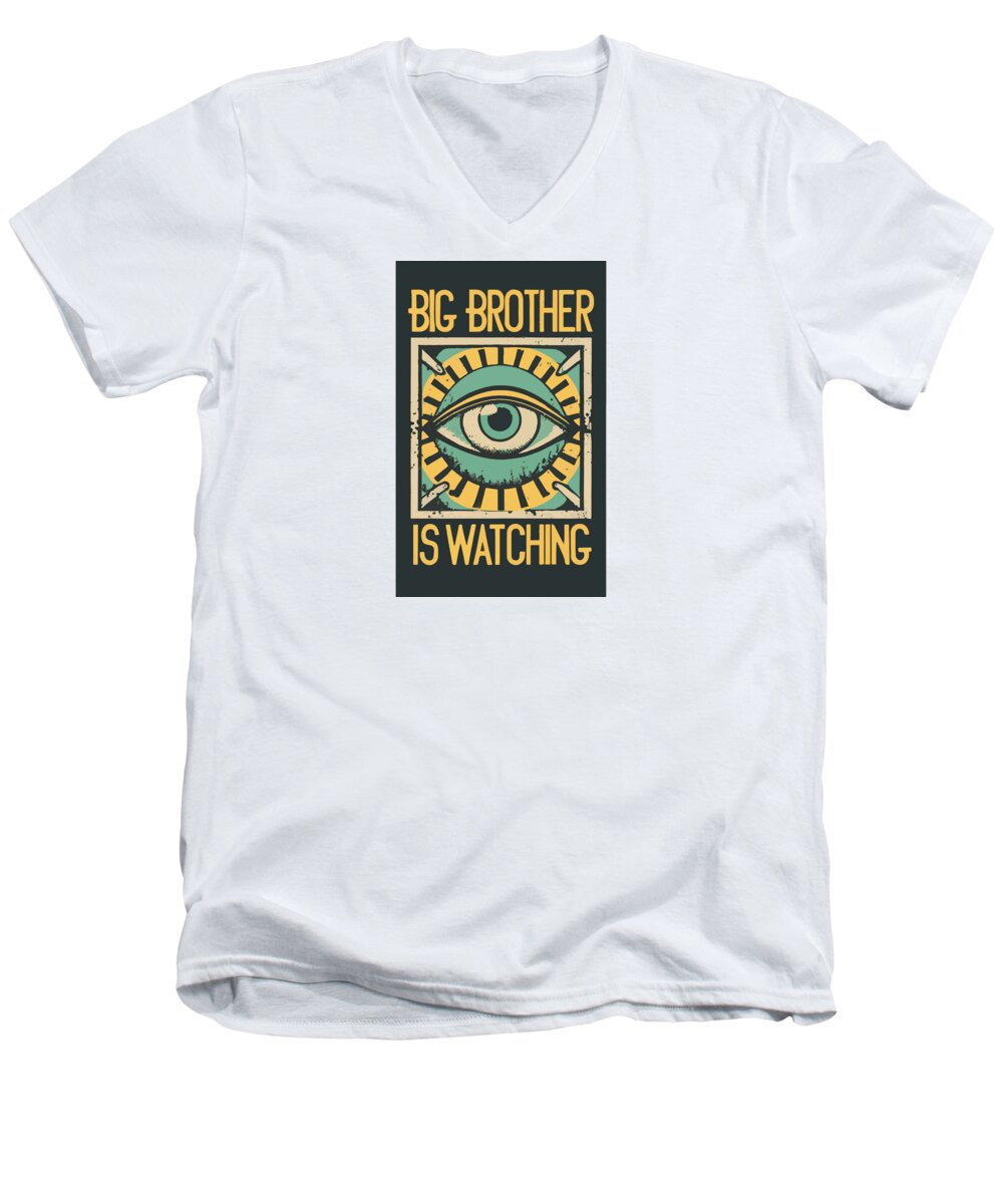 Men's white v-neck t-shirt with eye graphic and 'is watching' text