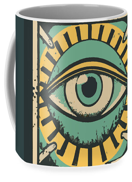 Ceramic mug with green eye illustration and yellow-striped circular design.