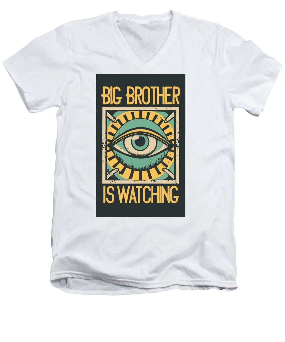 Men's white v-neck t-shirt, eye graphic with 'Big Brother is Watching' text