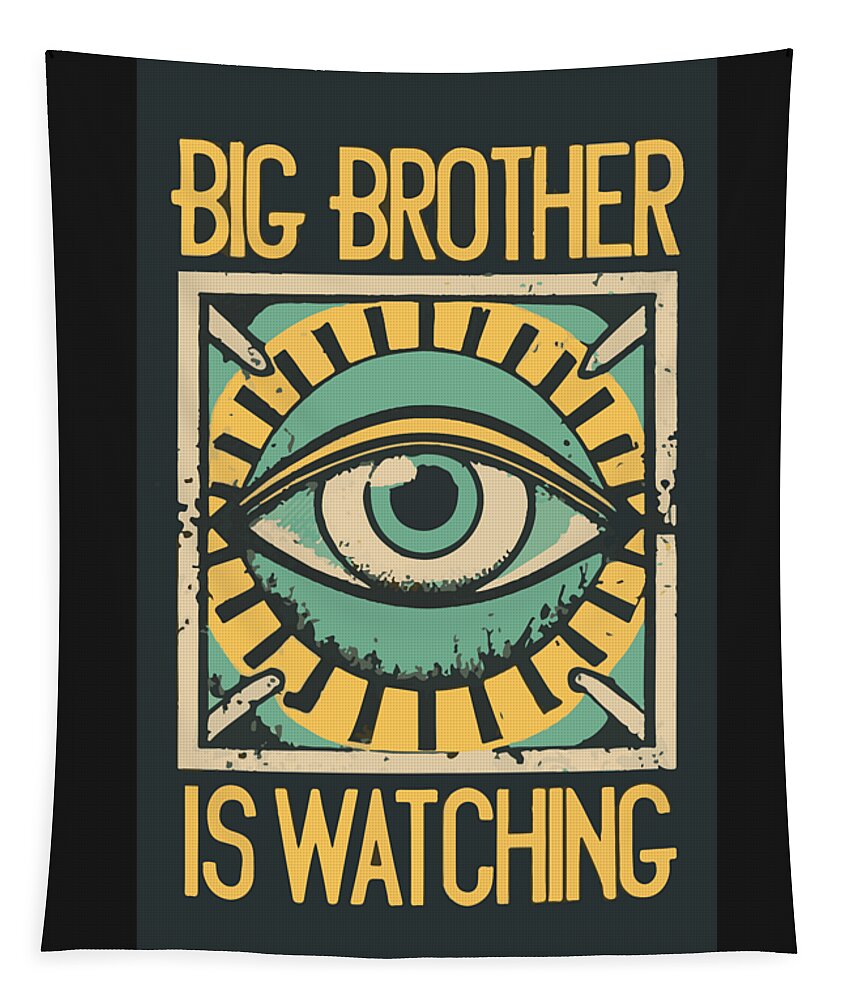 Black wall tapestry with green eye illustration and bold top and bottom lettering