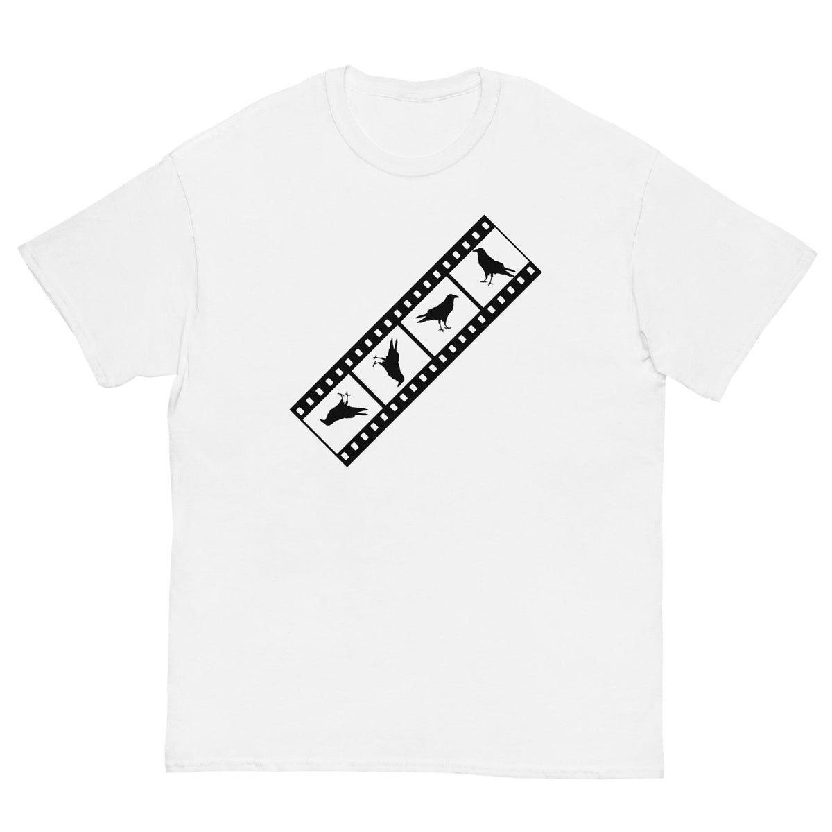 White film-strip T-shirt with bird silhouettes graphic