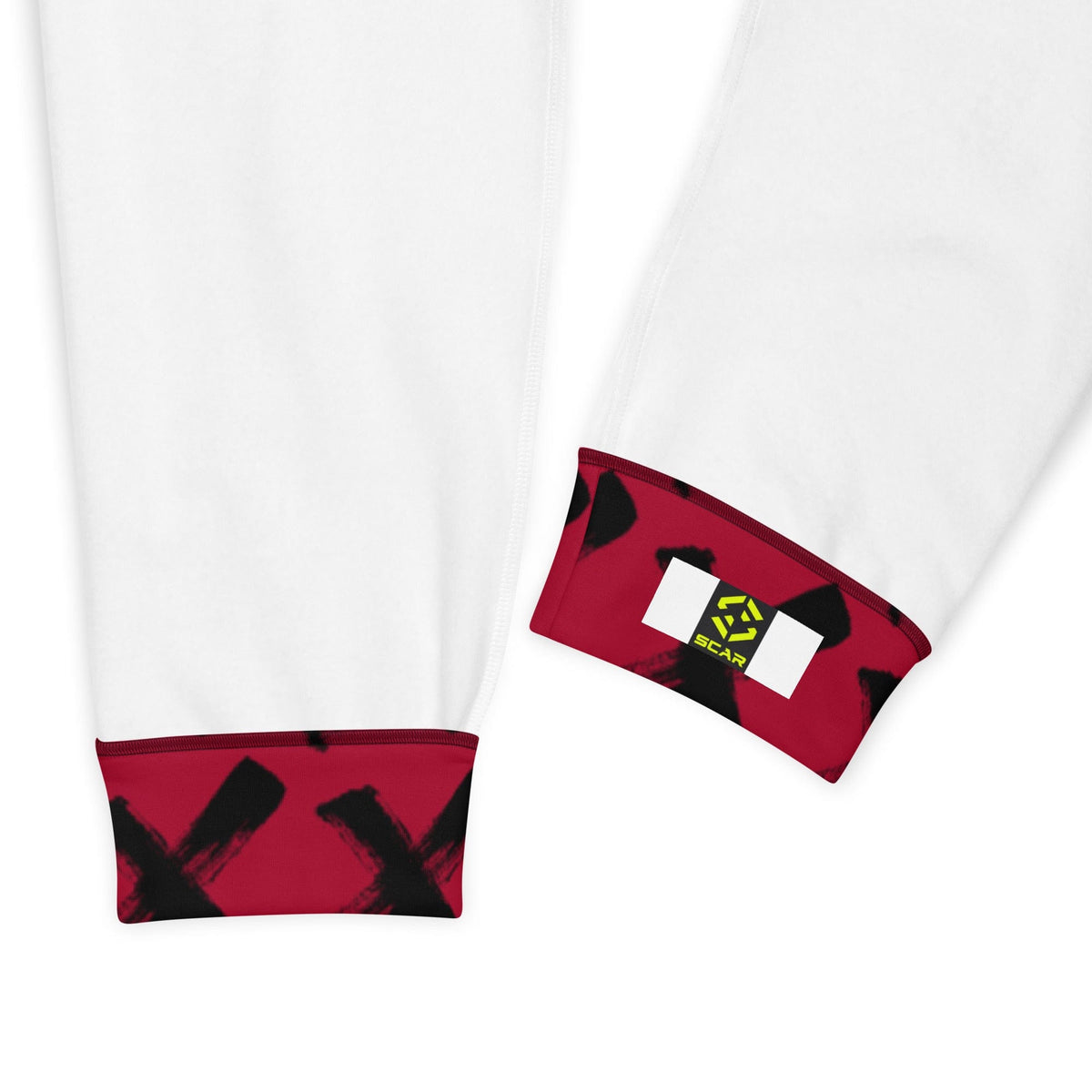 Men's joggers with white fabric and red graphic cuffs, side branding patch