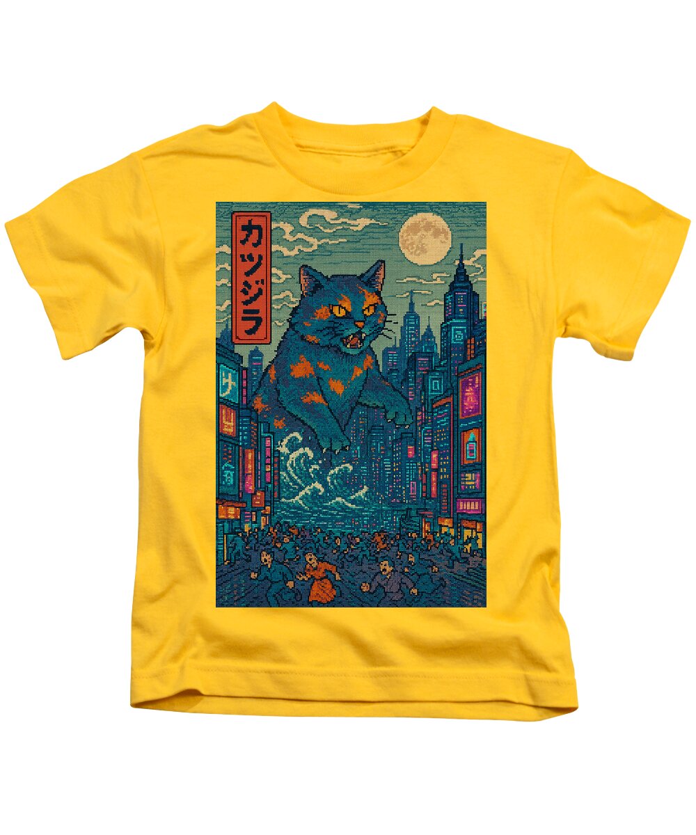 Kids T-shirt, yellow with square cat monster graphic over teal city night scene