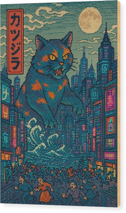 Wood print featuring a blue cat-like monster in a neon city street at dusk