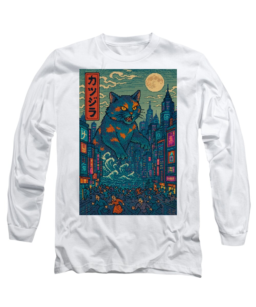 White long-sleeve T-shirt with square cat monster city graphic