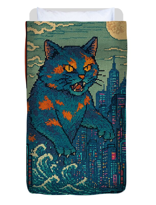 Cat monster duvet cover close-up with blue cat face, orange patches, and skyline details