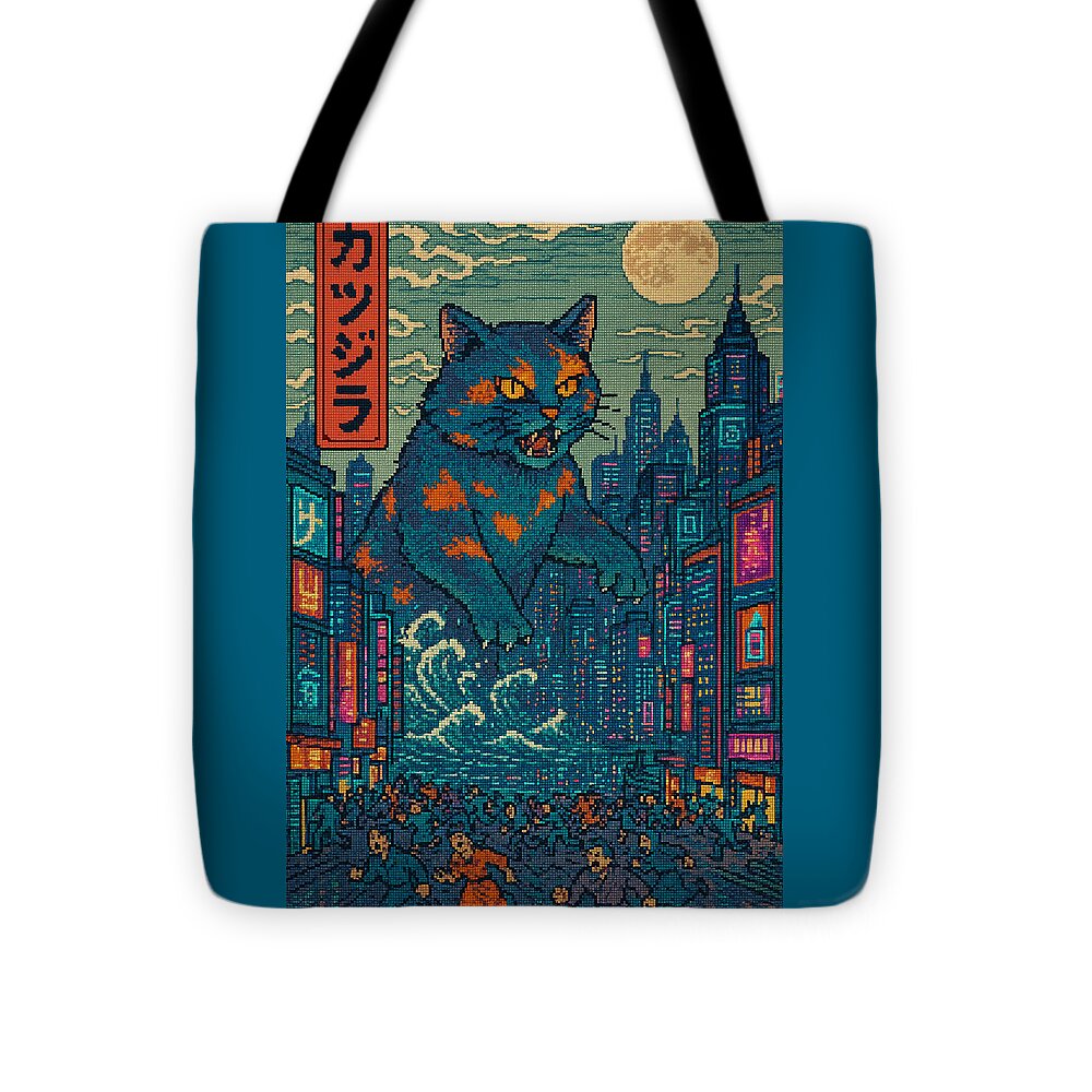 Teal tote bag with black handles and vertical banner beside blue cat monster city art