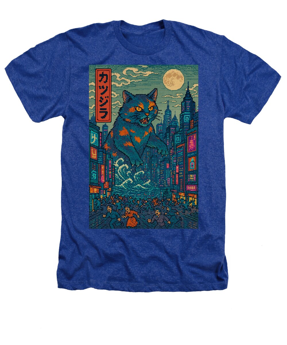 Royal blue heather T-shirt with cat monster graphic on front