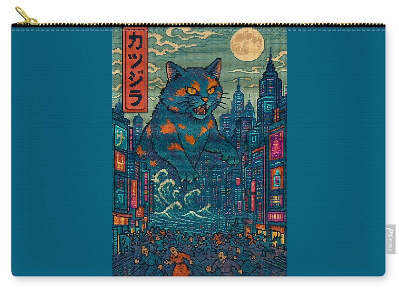 Teal zip pouch with full cat character, city skyline and moon print, gold zipper
