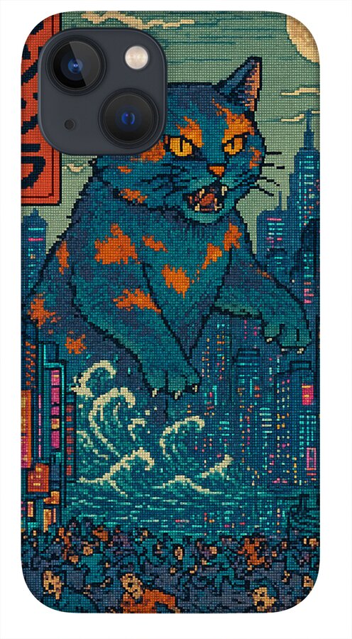 Phone case with blue and orange pixel-art cat monster, city skyline view, purple camera frame