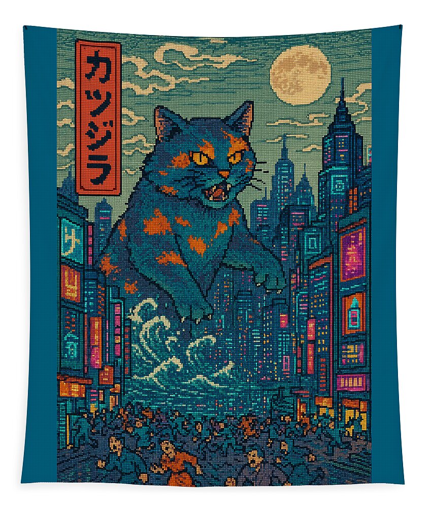 Decorative tapestry showing monster cat beneath a full moon over a busy city street