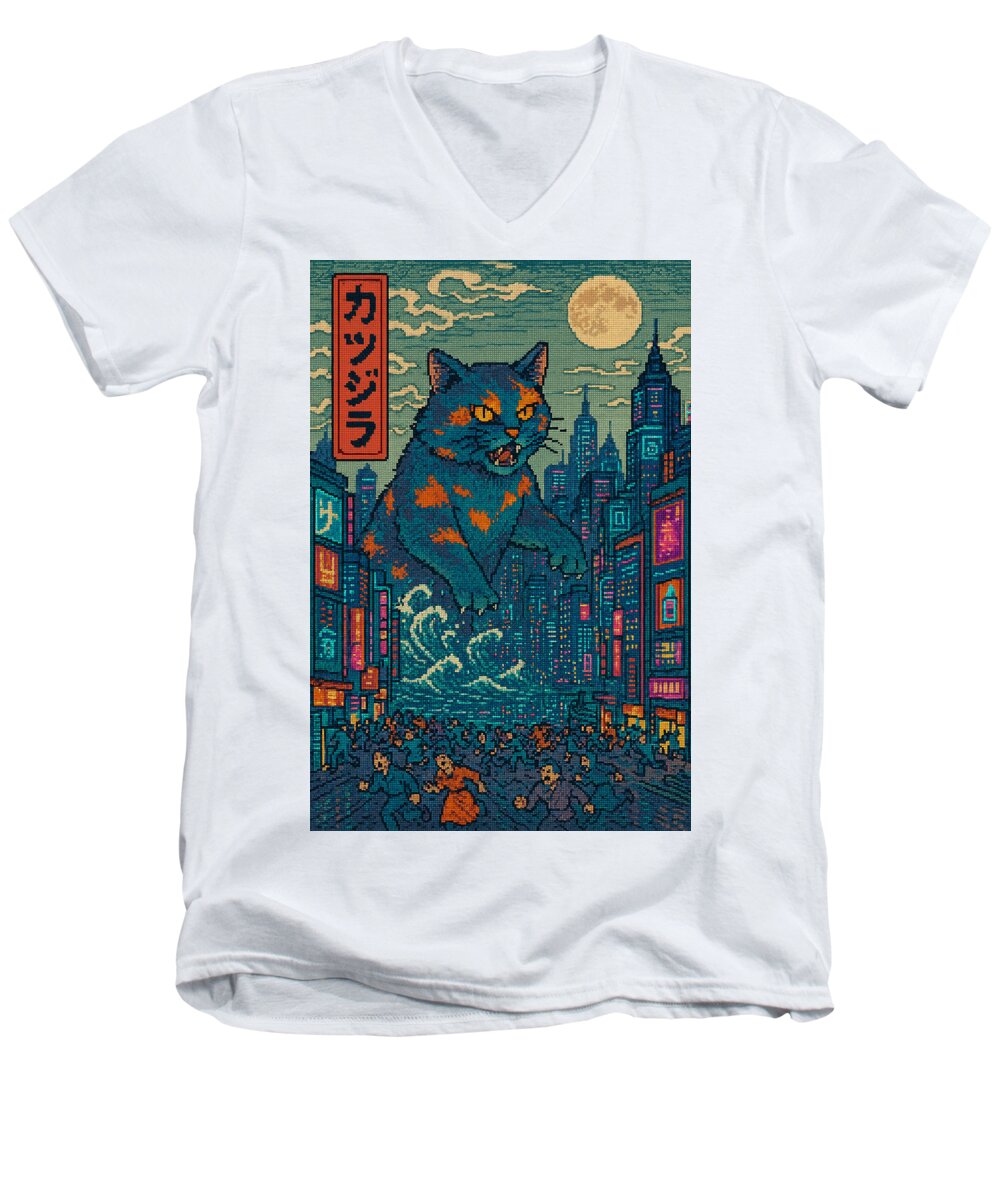 Men's V-neck T-shirt, white, front illustration of cat monster in neon city.
