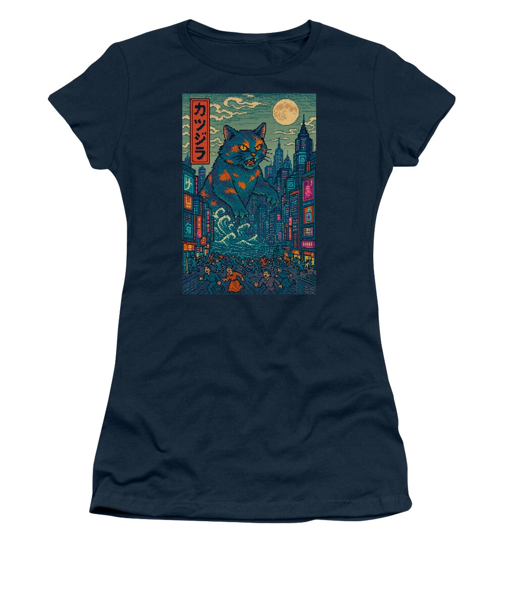 Women’s navy t-shirt with colorful cat-monster graphic print on front