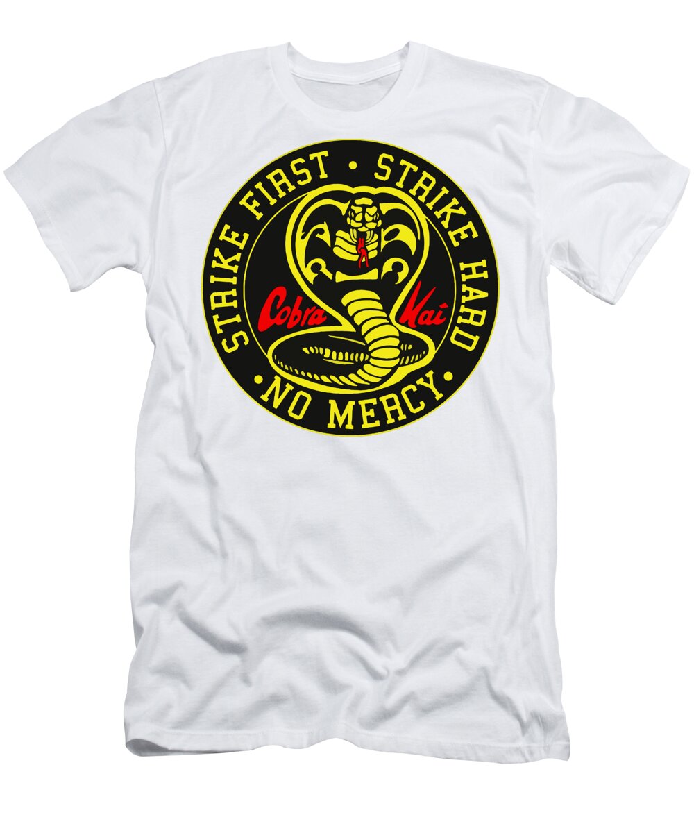 White Cobra Kai Strike First t-shirt with large round front graphic and logo