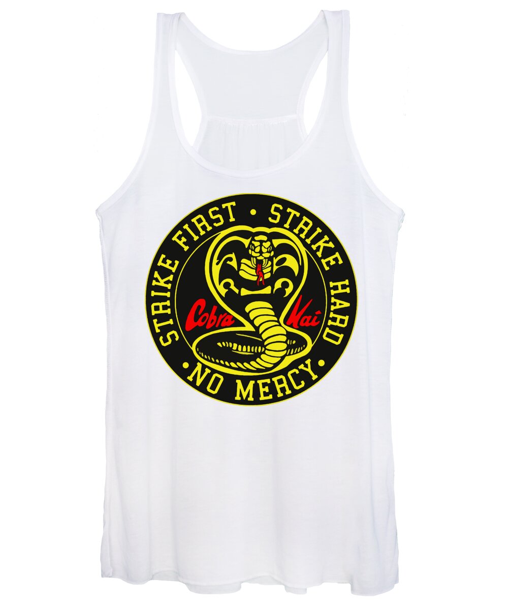 Women's white tank top with scooped neckline and round Cobra Kai graphic logo front.