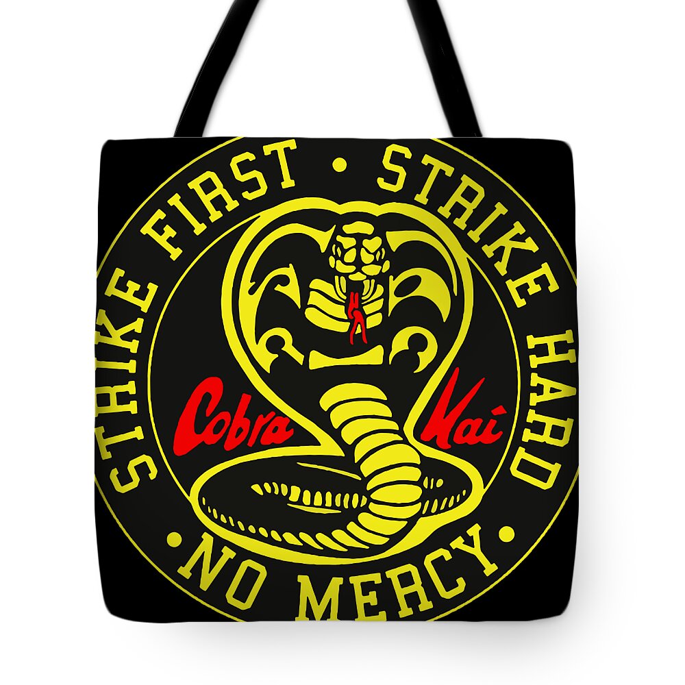 Black tote bag with central coiled cobra graphic and 'No Mercy' ring text; two handles