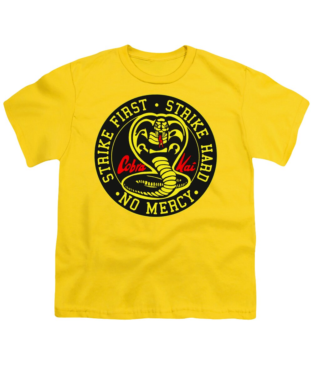 Yellow youth graphic T-shirt with Cobra Kai circular Strike First logo