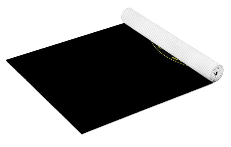 Black yoga mat rolled up with white textured backing; emblem peeks near edge