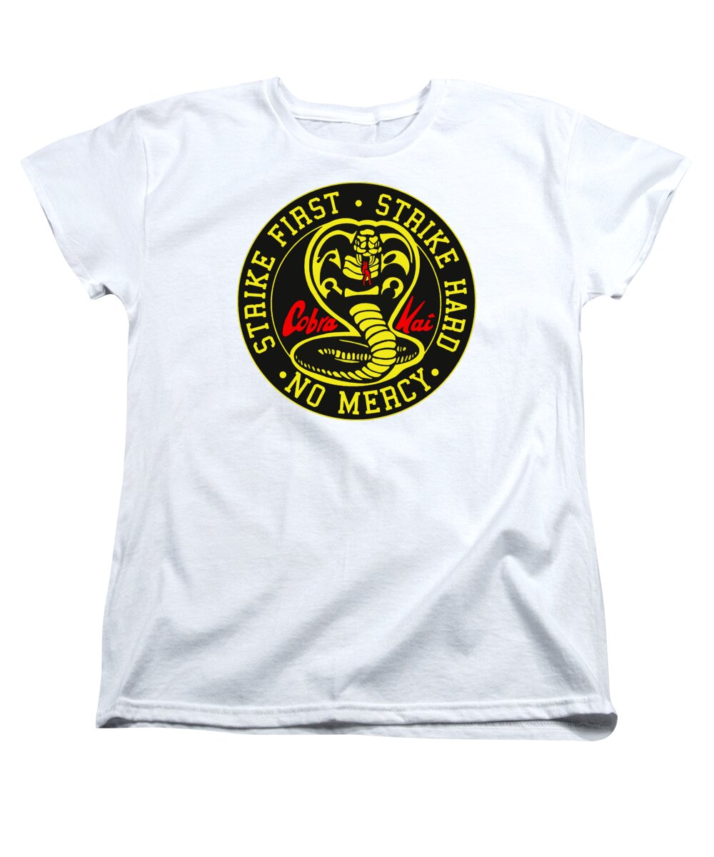 White women's T-shirt with circular Cobra Kai logo print on chest